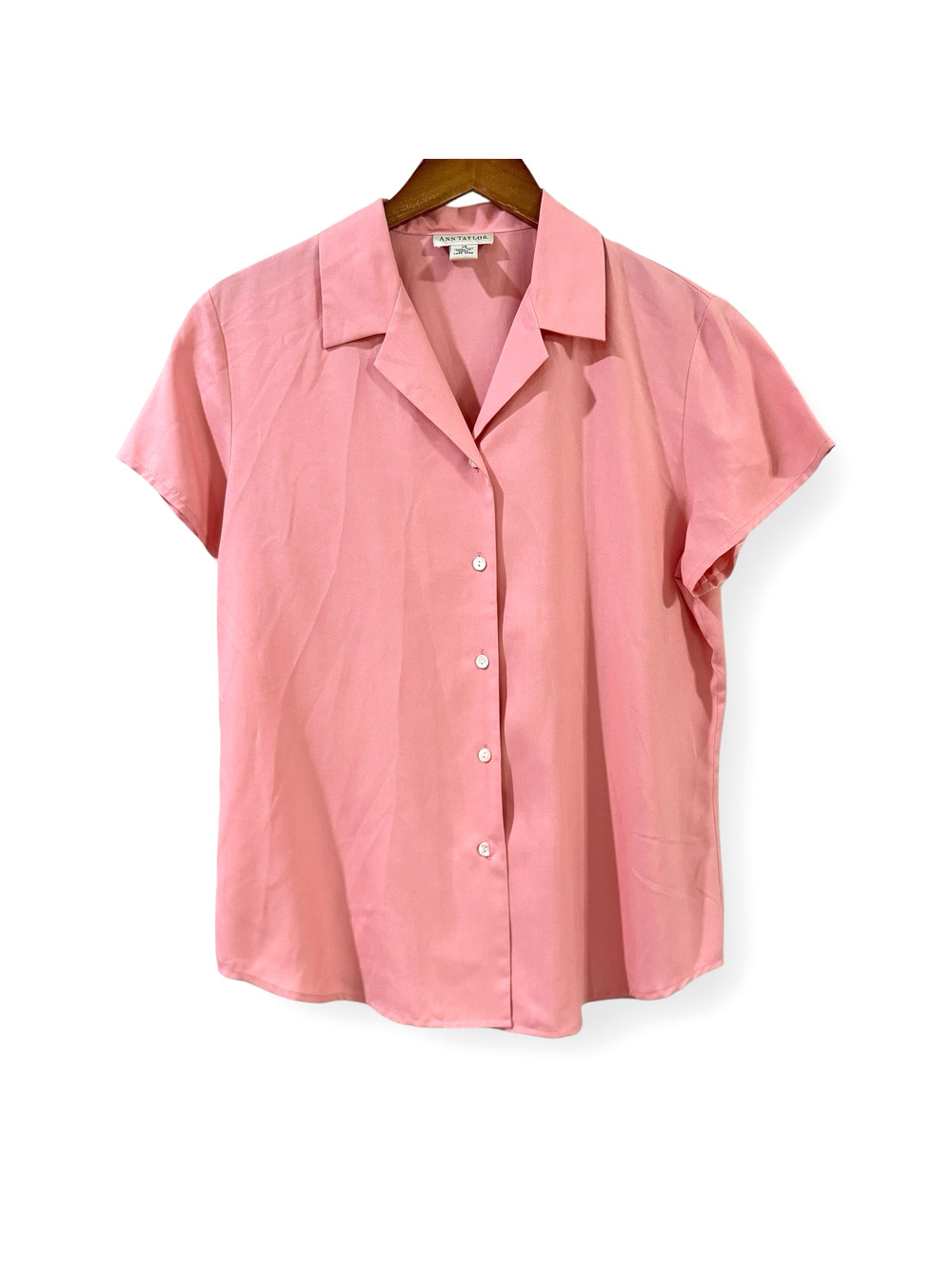 Vintage Ann Taylor 100% Silk Pink Button Up Blouse 12 Short Sleeve Collared 90s